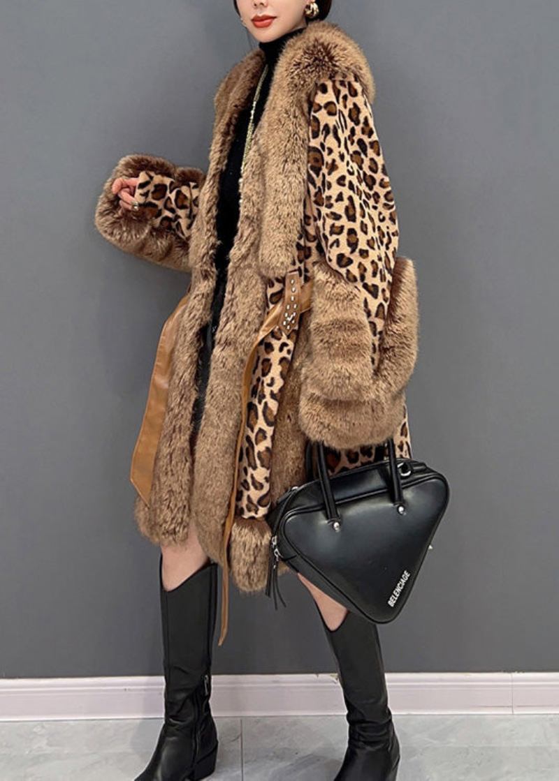 Sexy Leopardenpelzkragen Druck Patchwork Knopf Taille Nerzsamt Leder Und Pelz Dicker Mantel Winter - Damen-Wintermäntel