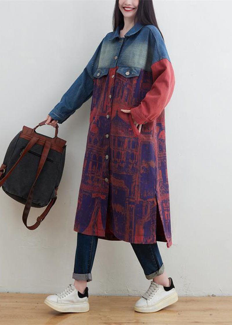 Stil Roter Peter-pan-kragen Patchwork-jeansoberbekleidung Mit Druck Frühling - Damen-Wintermäntel