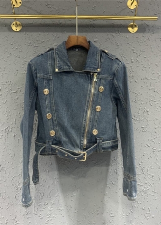 Stilvolle Blaue Patchwork-jeansjacke Mit Peter-pan-kragen Und Reißverschluss Im Herbst