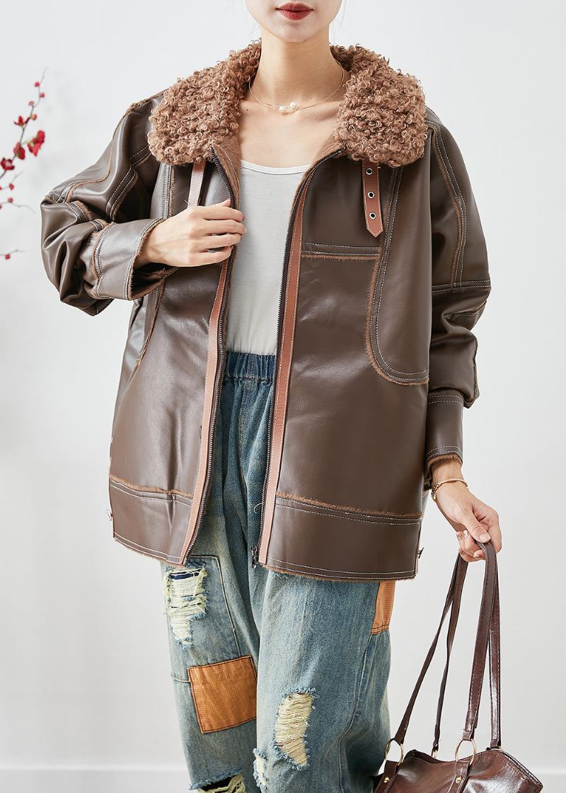 Stilvolle Dicke Kunstlederjacke Mit Patchwork-pelzkragen In Khaki Winter