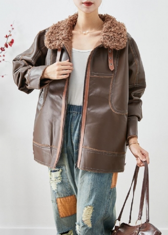 Stilvolle Dicke Kunstlederjacke Mit Patchwork-pelzkragen In Khaki Winter