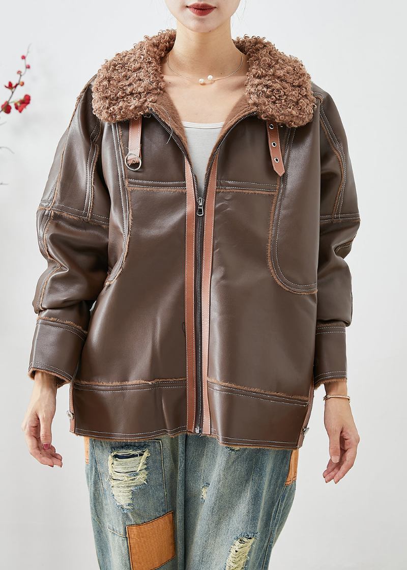 Stilvolle Dicke Kunstlederjacke Mit Patchwork-pelzkragen In Khaki Winter - Damen-Wintermäntel