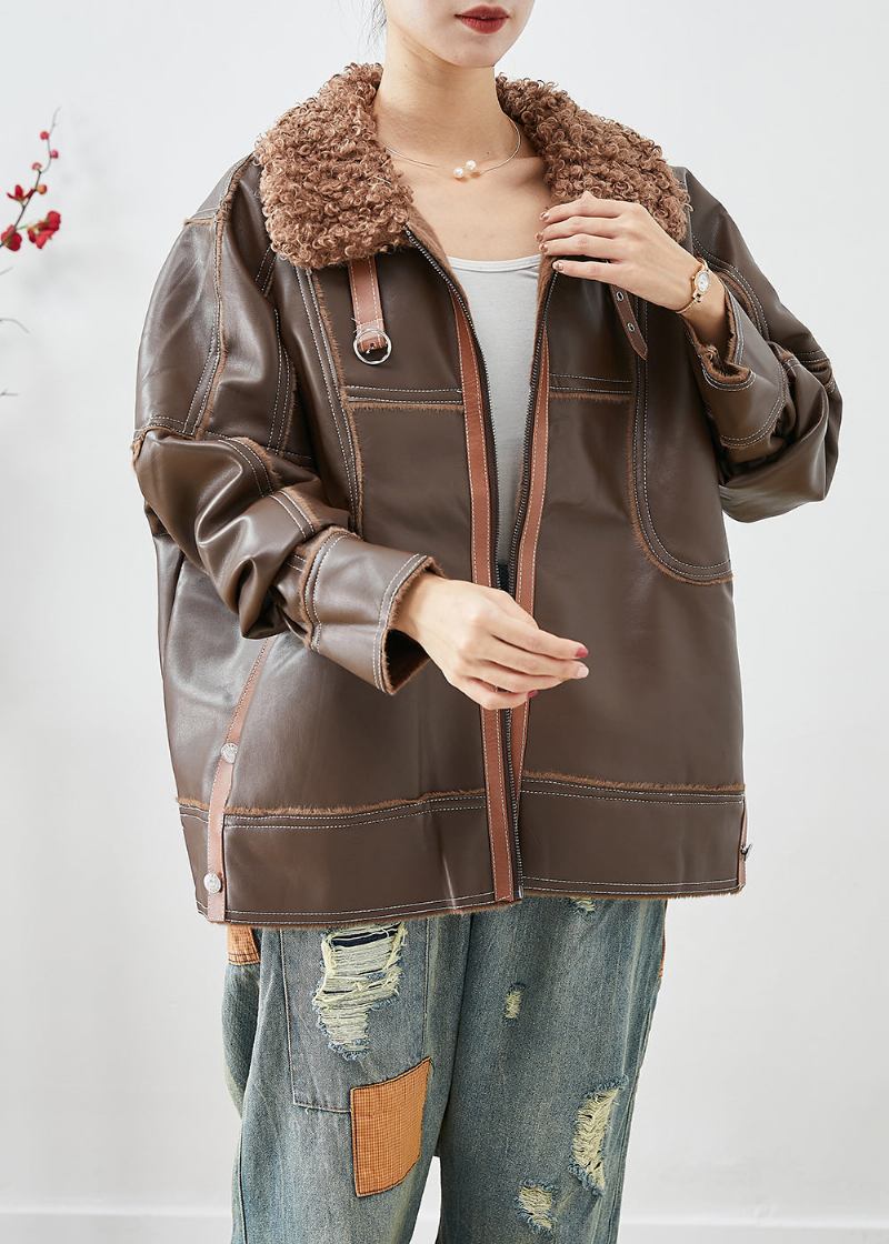 Stilvolle Dicke Kunstlederjacke Mit Patchwork-pelzkragen In Khaki Winter - Damen-Wintermäntel