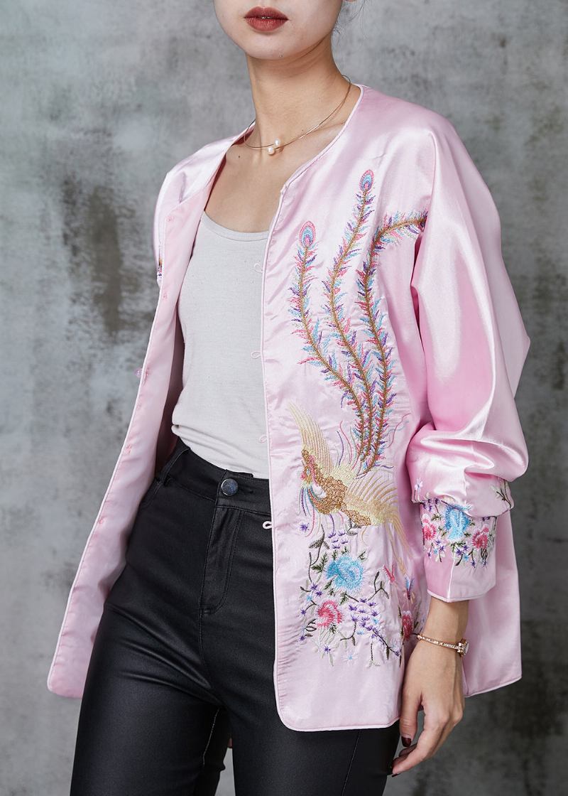 Stilvolle Rosa Seidenjacke Mit Bestickten Taschen Frühling