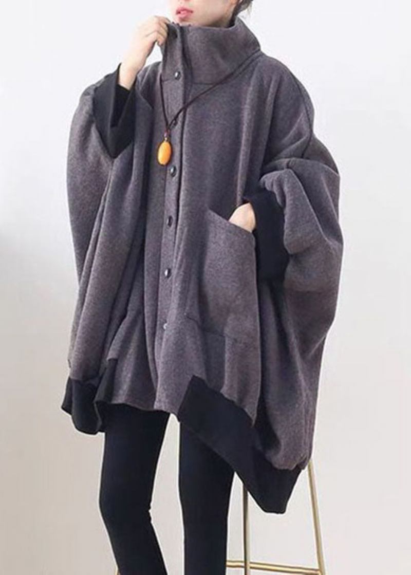 Stilvoller Dunkelgrauer Asymmetrischer Strickmantel Mit Knöpfen Und Taschen Für Den Herbst Lockerer Sweatshirt-mantel