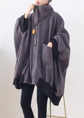 Stilvoller Dunkelgrauer Asymmetrischer Strickmantel Mit Knöpfen Und Taschen Für Den Herbst Lockerer Sweatshirt-mantel