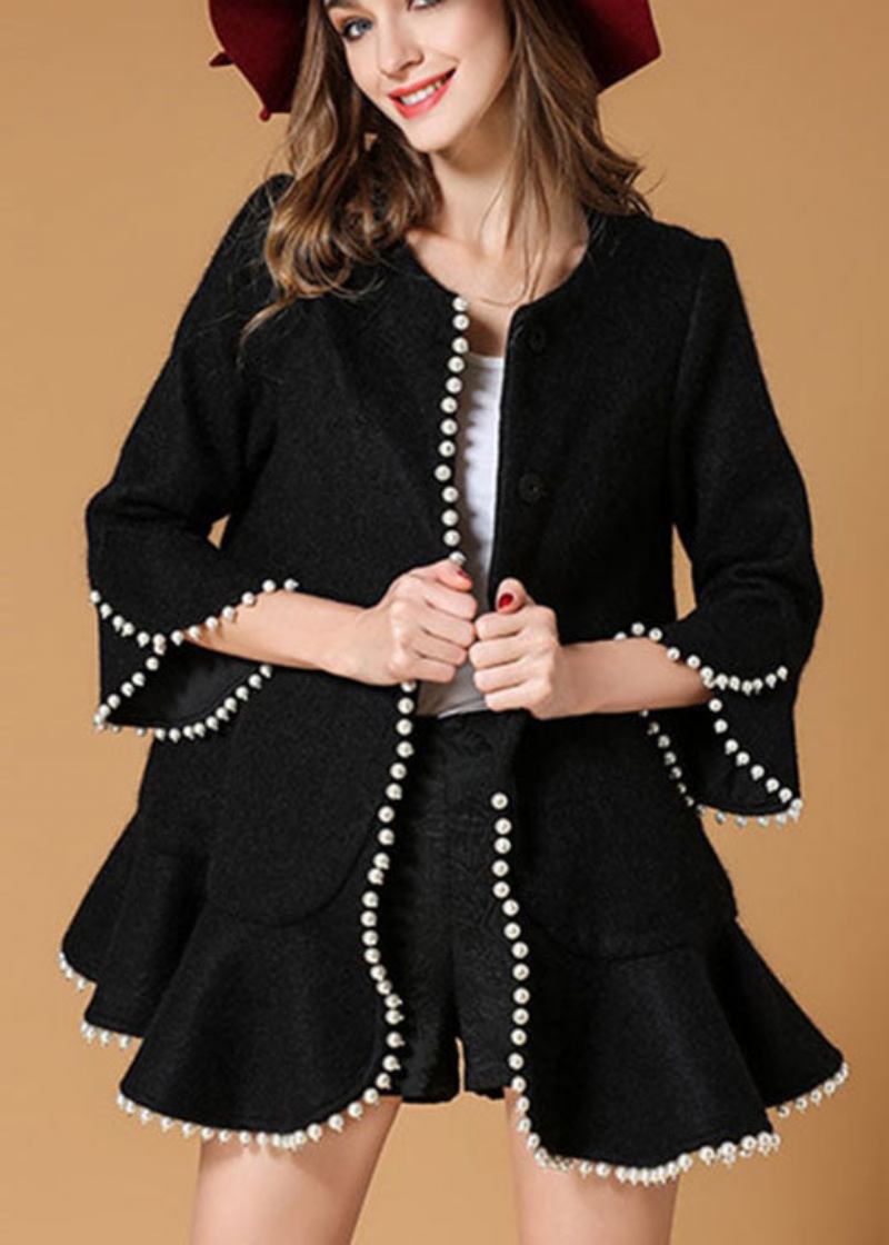 Taillierte Schwarze Wolljacke Aus Wolle Mit Rüschen Und Knopf Mäntel - Rosa