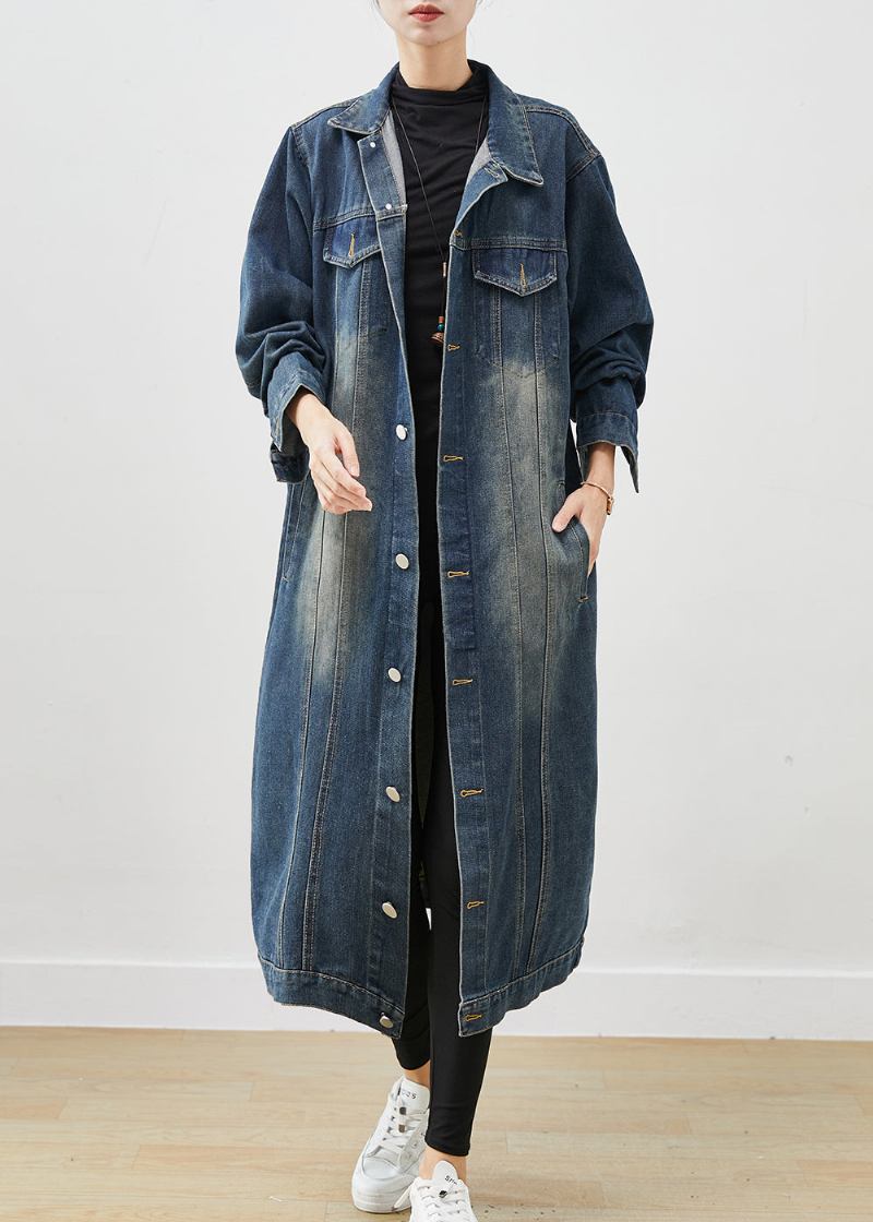 Übergroßer Denim-trenchcoat Mit Knopfleiste In Französischer Marineblau Frühling - Damen-Wintermäntel