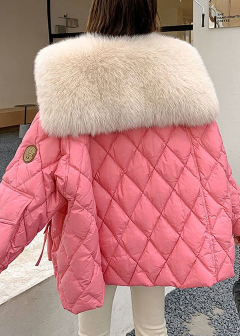 Übergroßer Parka Mit Rosafarbenem Pelzkragen Und Taschen Und Patchwork-muster Mit Langen Ärmeln - Rosa