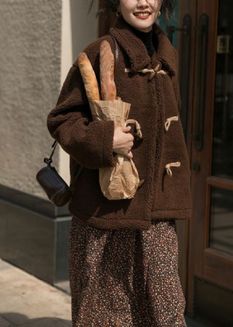 Übergroßer Schokoladenbrauner Teddymantel Aus Dickem Kaschmir Mit Hornknöpfen Im Winterstil