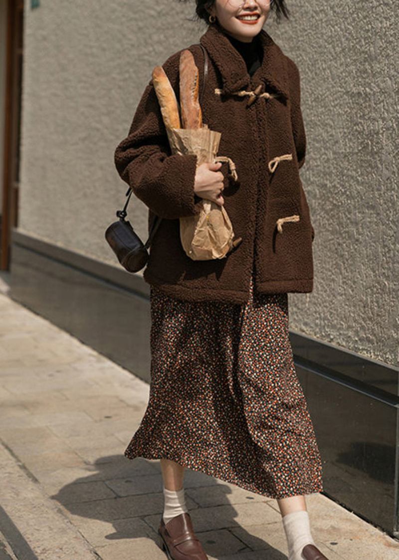 Übergroßer Schokoladenbrauner Teddymantel Aus Dickem Kaschmir Mit Hornknöpfen Im Winterstil - Damen-Wintermäntel