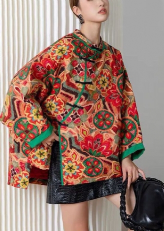 Vintage Rot Patchwork-druck Mit Orientalischen Knöpfen Winterjacke Aus Feiner Baumwolle