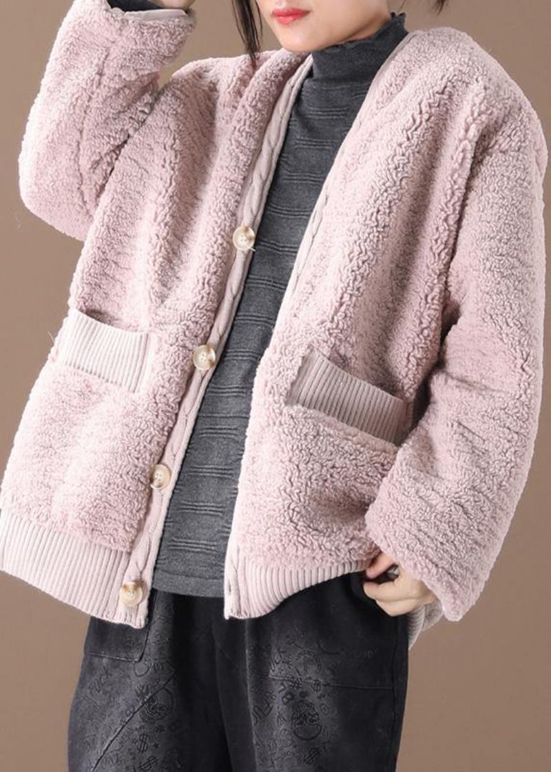 Warmer Übergroßer Wintermantel Oberbekleidung Rosa V-ausschnitt Dicke Winterjacke