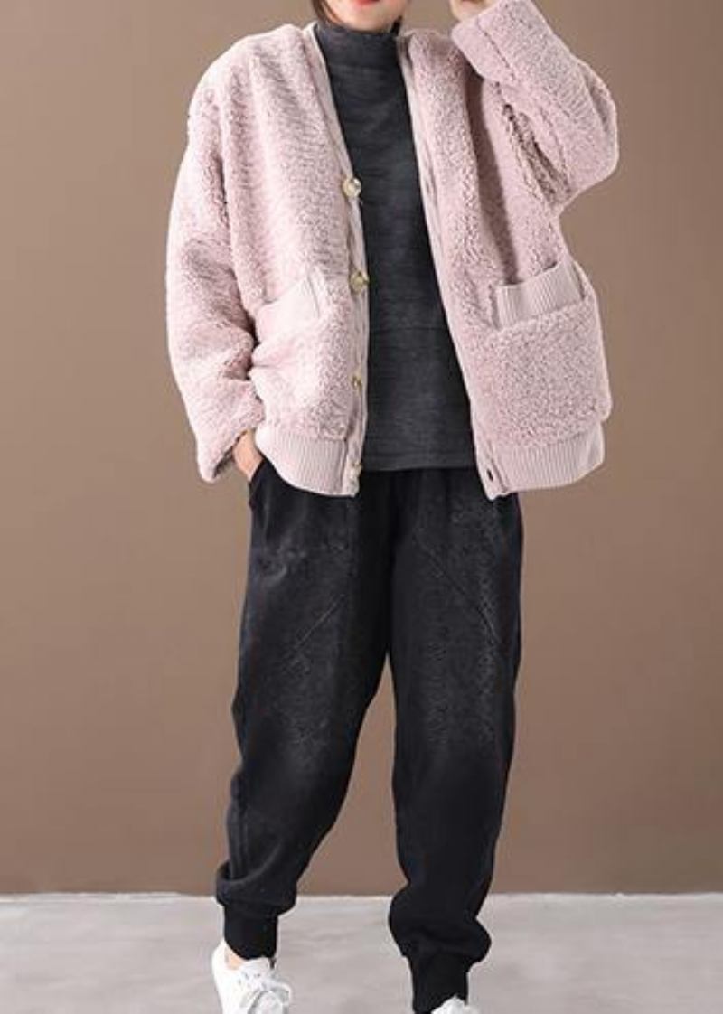 Warmer Übergroßer Wintermantel Oberbekleidung Rosa V-ausschnitt Dicke Winterjacke - schokolade