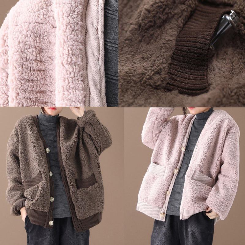 Warmer Übergroßer Wintermantel Oberbekleidung Rosa V-ausschnitt Dicke Winterjacke - schokolade