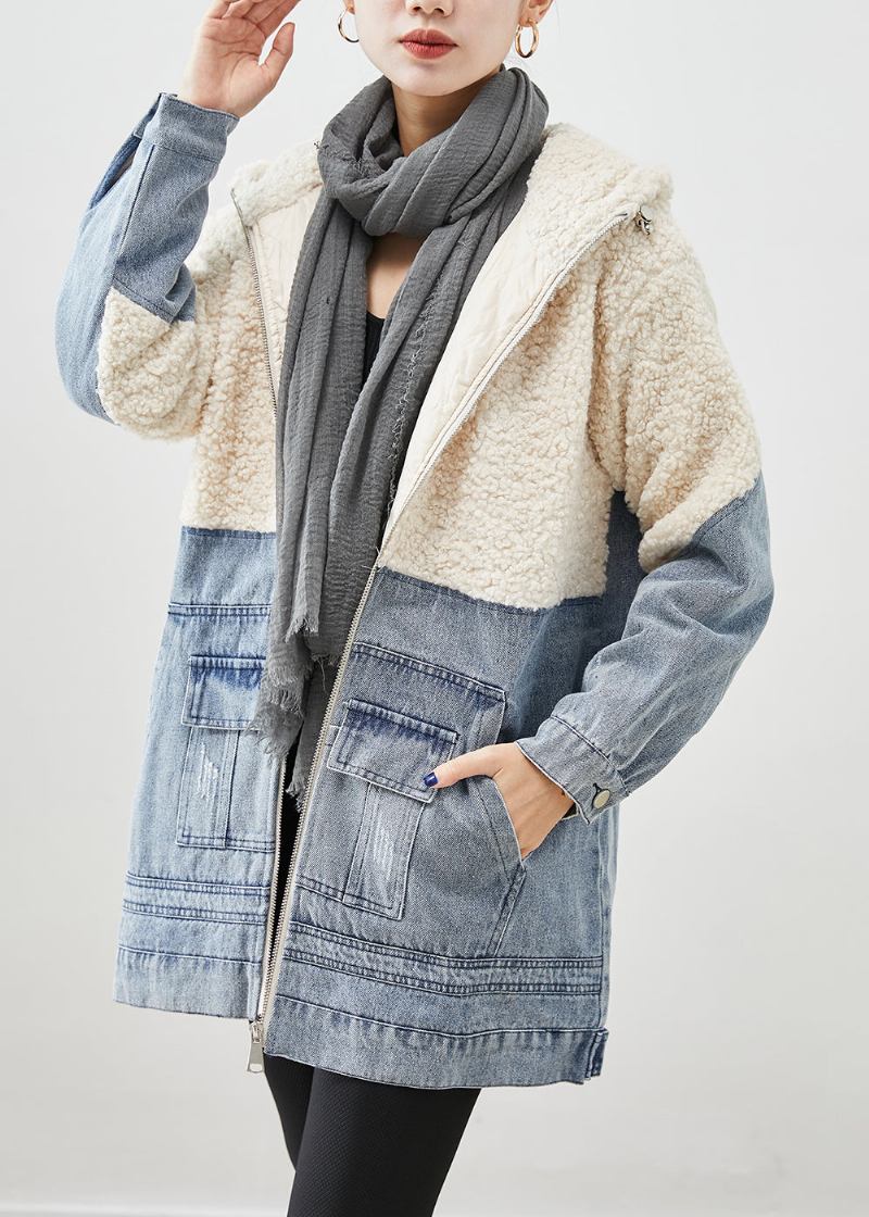 Weiße Patchwork-pufferjacken Aus Woll-jeansstoff Mit Feiner Baumwollfüllung Für Den Winter Mit Kapuze - Damen-Wintermäntel