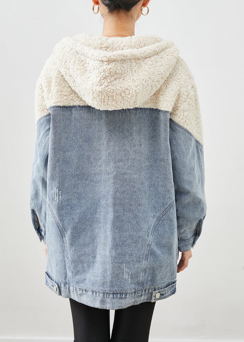 Weiße Patchwork-pufferjacken Aus Woll-jeansstoff Mit Feiner Baumwollfüllung Für Den Winter Mit Kapuze - Damen-Wintermäntel