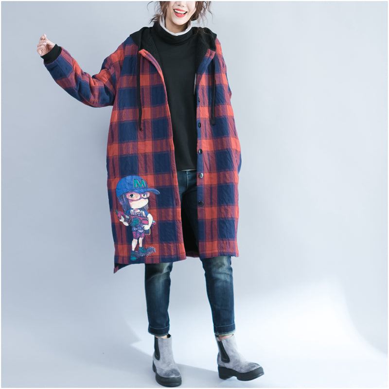 Winter-baumwollstrickjacken Mit Cartoon-print Übergröße Lässig Rotes Gittermuster Dicke Trenchcoats Mit Kapuze - Rotes Gitter