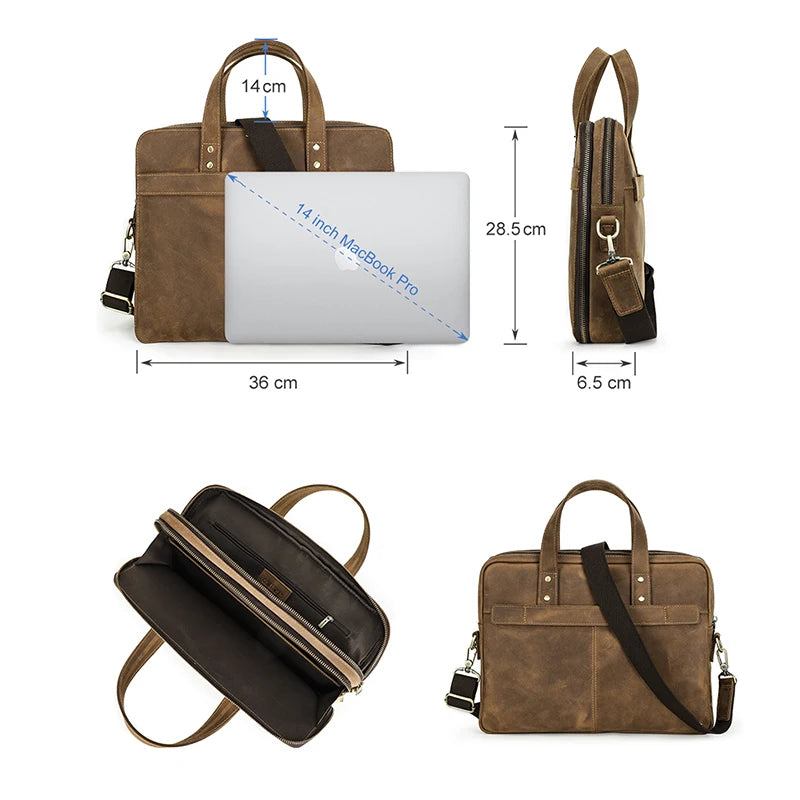 Aktentasche Aus Echtem Leder Für Herren Vintage Große Laptoptasche Für 14 Zoll Schulter-umhängetasche Für Männer - Kaffee