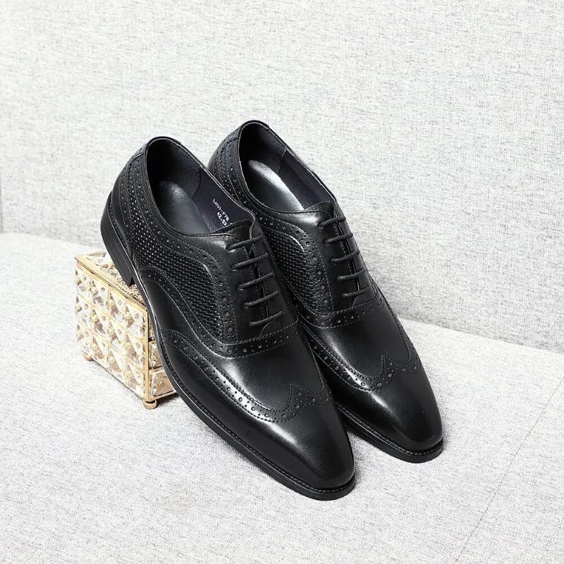 Handgefertigte Oxford-schuhe Aus Echtem Leder Für Herren Schwarze Brogue-oxford-schuhe Mit Spitzer Spitze Und Flügelkappe Formelle Business-schuhe Für Hochzeitsfeiern - Schwarz